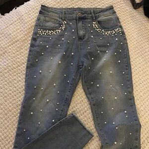 Women's Blue Pearl Embellished Jeans